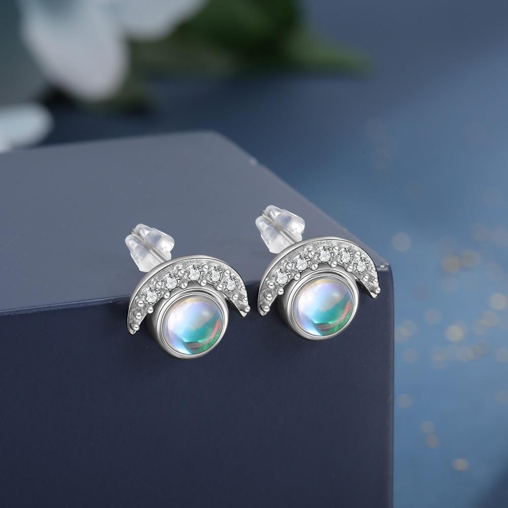 925 Sterling Silver Moonstone Earrings for Women Cubic Zirconia Paved Moon Stud Earrings Fine Jewelry Gifts for Girls