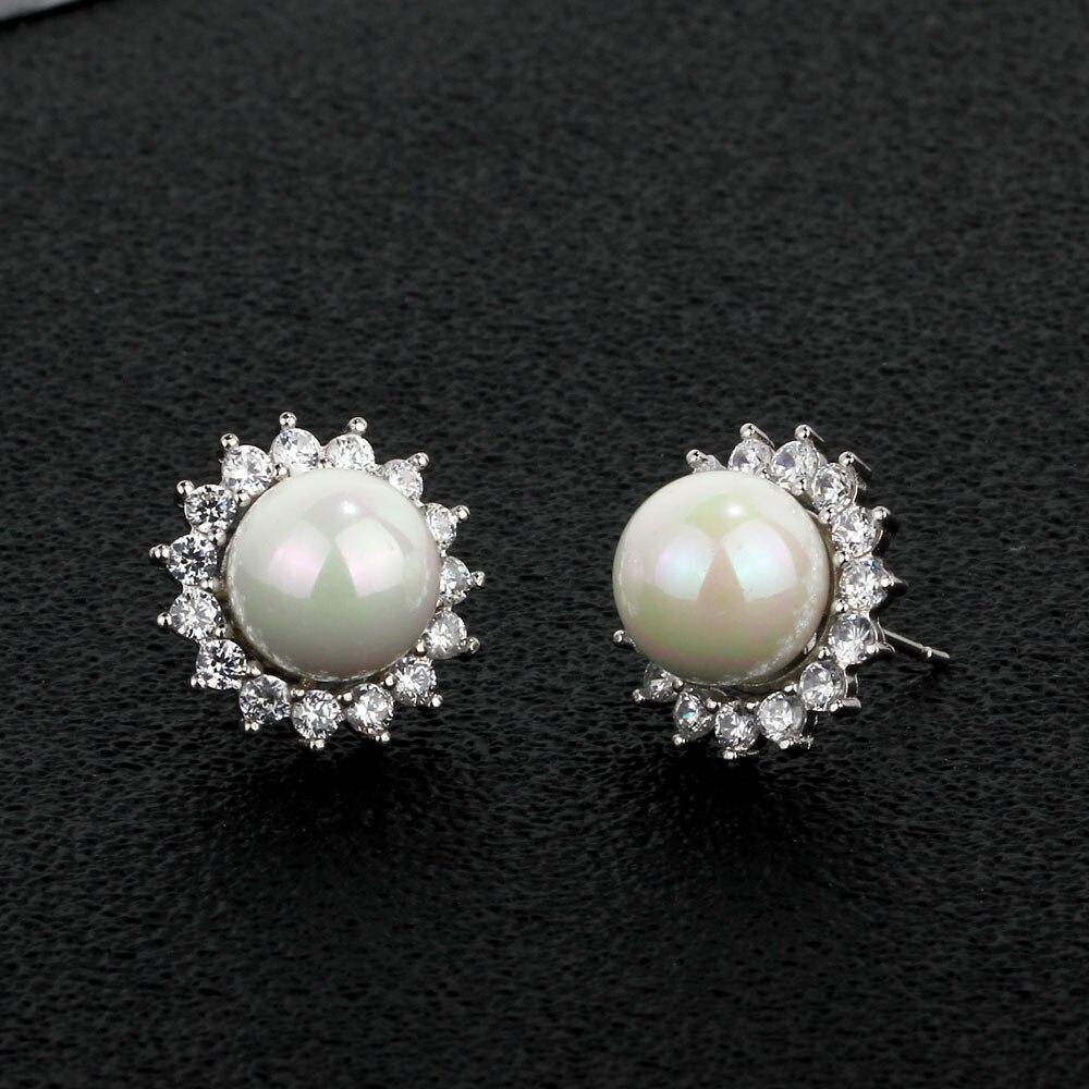 925 Sterling Silver Stud Earrings Classic 10mm Simulated Pearl With Cubic Zirconia Earrings For Women