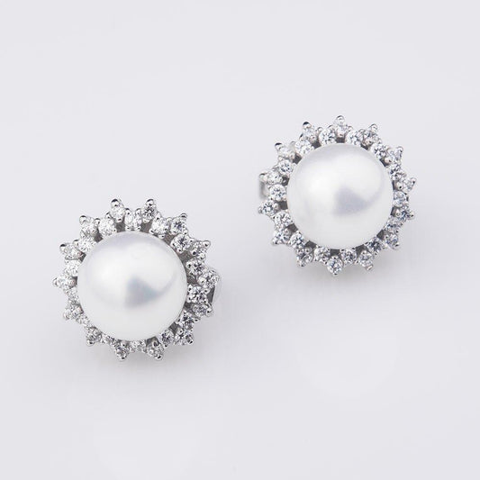 925 Sterling Silver Stud Earrings Classic 10mm Simulated Pearl With Cubic Zirconia Earrings For Women