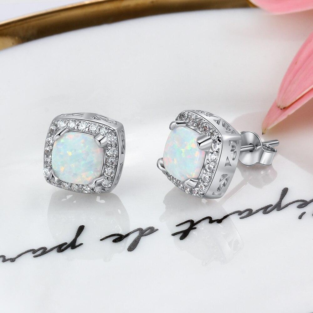 9mm Square White Opal Stud Earrings 925 Sterling Silver Earrings with Zirconia Geart Wedding Jewelry