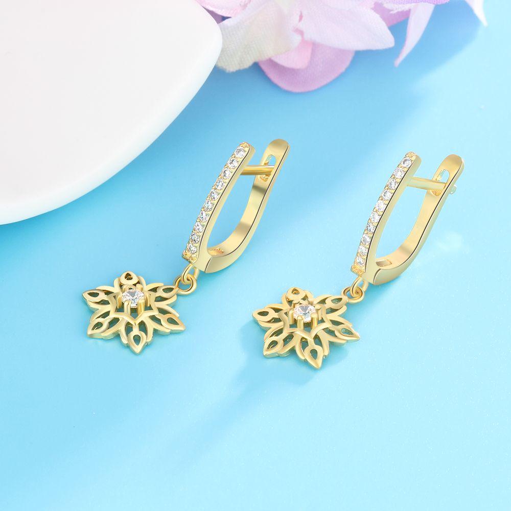Blooming Gold Color Flower Hollow Design Cubic Zirconia Drop Earring Fashion Party Wearing