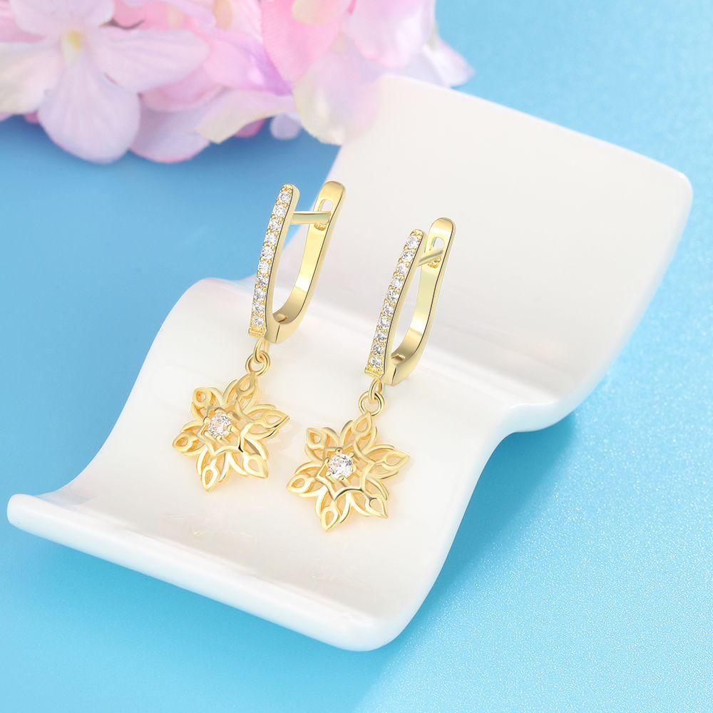 Blooming Gold Color Flower Hollow Design Cubic Zirconia Drop Earring Fashion Party Wearing