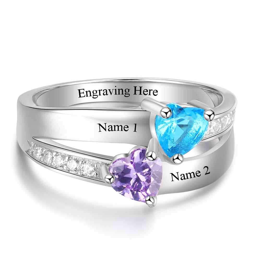 2 Heart Birthstone Ring Personalized Custom Engrave Names Promise Rings 925 Sterling Silver Jewelry