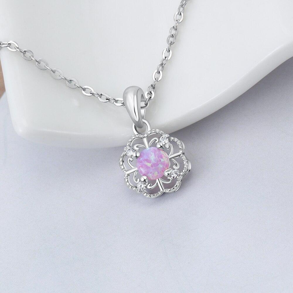 Hollow Out Flower Pink Opal Necklace Fine Jewelry 925 Sterling Silver Necklaces & Pendants