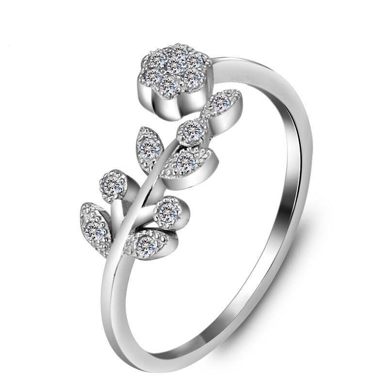 Flower & Leaves Adjustable Ring Silver Color Copper Rings for Women Girls Fashion Wedding Accessories