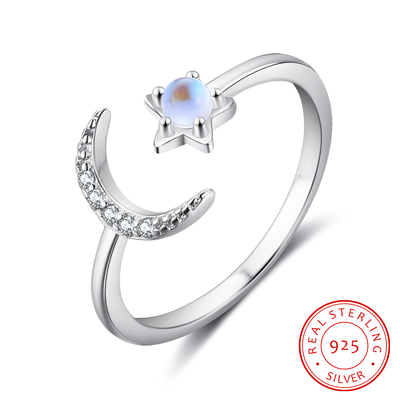 925 Sterling Silver Moonstone Open Adjustable Ring Female Jewelry Cubic Zirconia Stone Moon Star Rings for Women