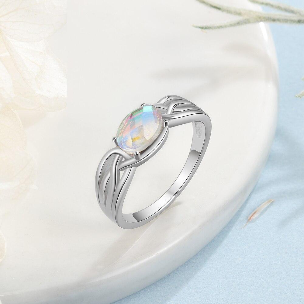 925 Sterling Silver Oval Rainbow Moonstone Rings for Women Silver 925 Braided Wide Ring Jewelry GIfts for Girlfriend